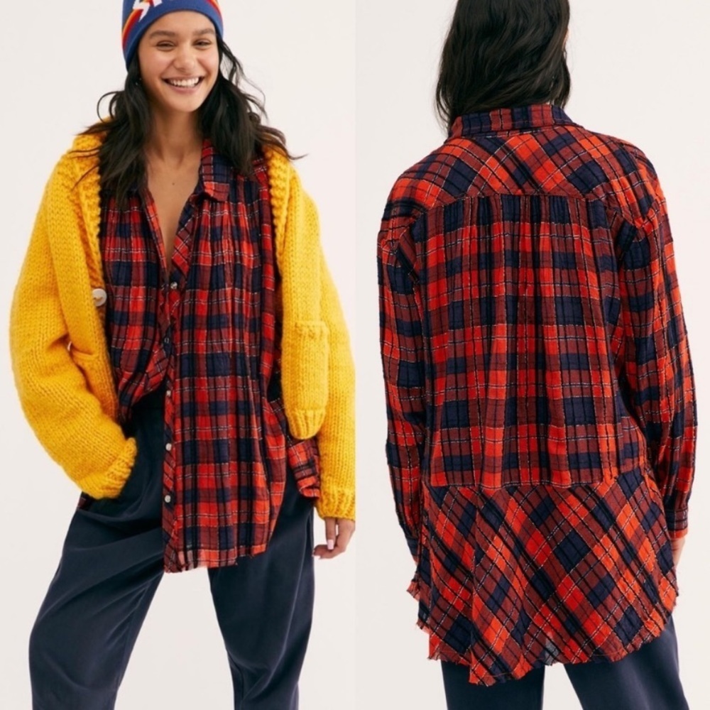 NEW Free People Orange Lela Plaid Oversized Metallic Tunic Top XS - Picture 3 of 12